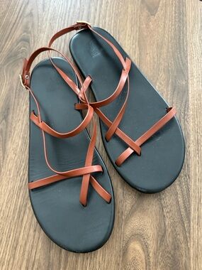 Ancient Greek Sandals Black Footbed with Brown Leather Straps